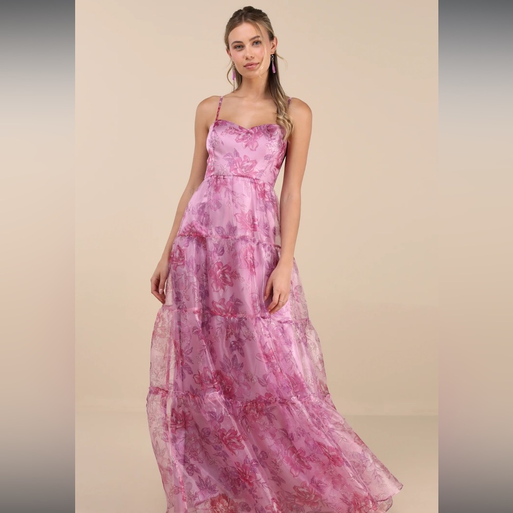 Lulus Exclusive Glamour Pink Floral Organza Tiered Maxi Dress